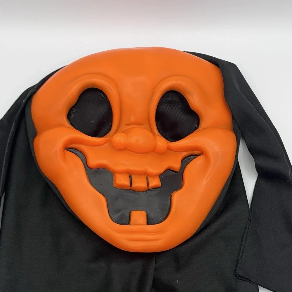 Vintage Fun World Halloween Pumpkin Mask‎ with Black Hood Scary Orange